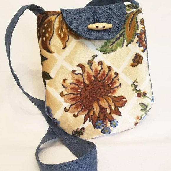 Purse Handbag Pouch Messenger Vintage Upholstery Velvet Blue Floral Crossbody - Picture 1 of 10
